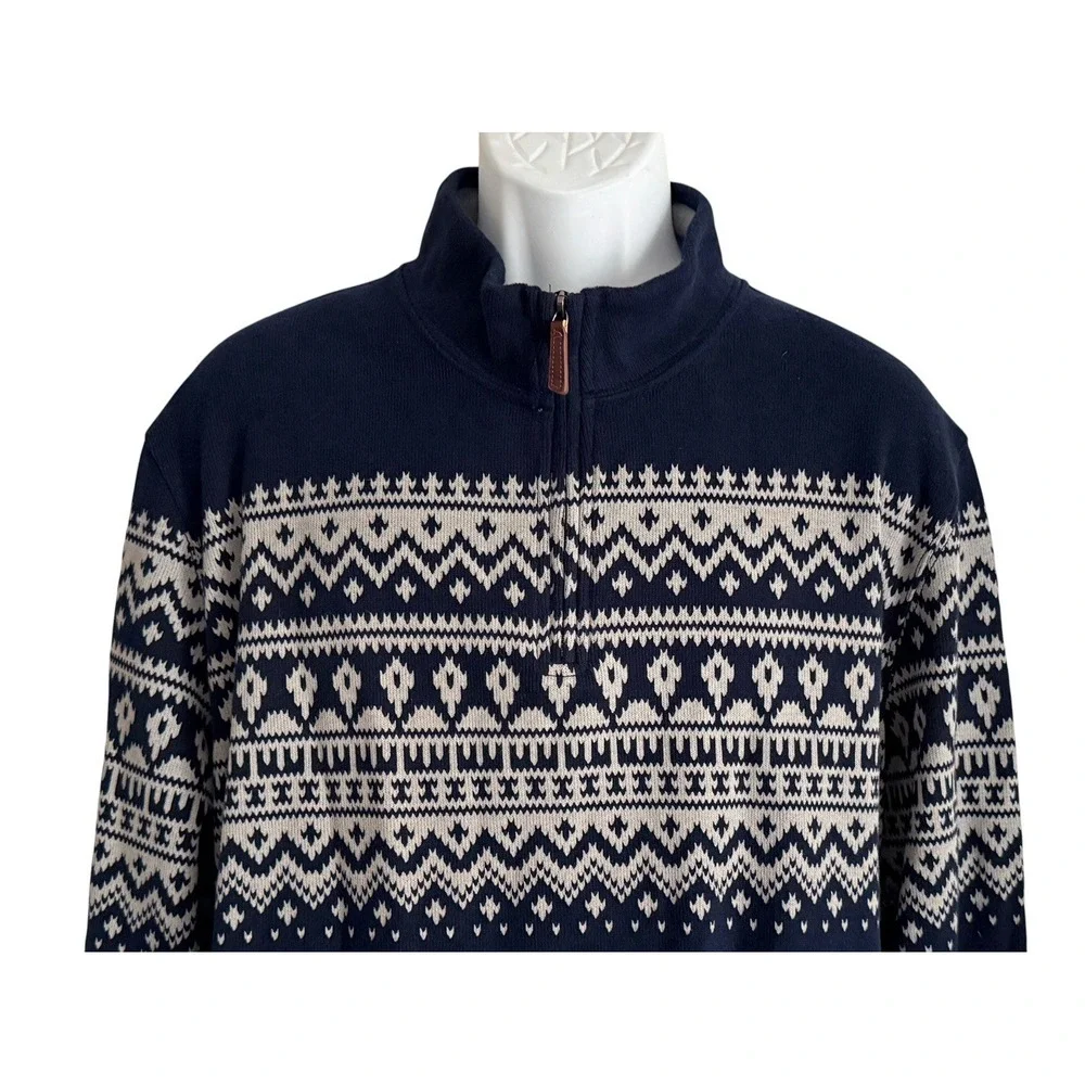 Lands End Men's L Fair Isle Nordic Quarter Zip Sweater Navy 100% Cotton 42-44